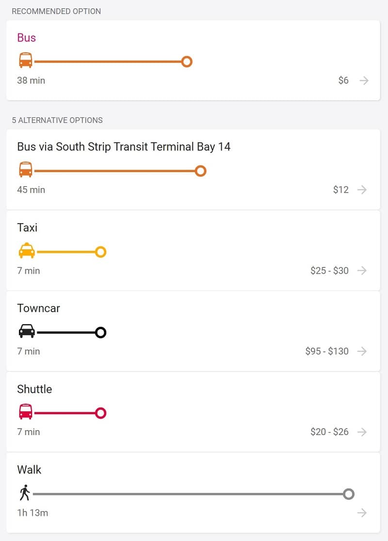 There are 6 ways to get from Las Vegas Airport (LAS) to The Mirage by bus, taxi, towncar, shuttle or foot