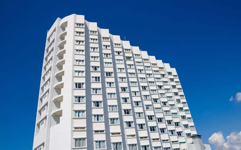 A hotel building against clear blue sky