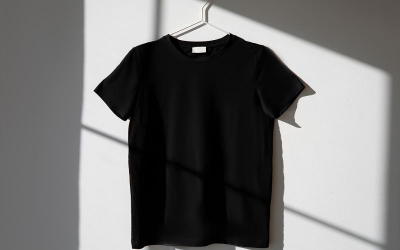 A black shirt hanging on the wall
